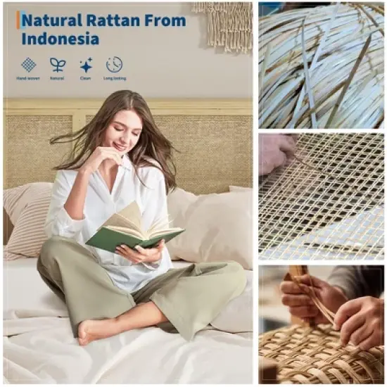 Bed Frame with Natural Rattan Headboard, Queen Size, 4 Storage Drawers, Wooden Slats, Boho-Style Cane Support, Metal Base image {2}