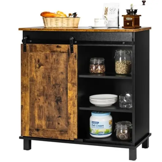 Costway Kitchen Buffet Storage Cabinet Sideboard w/Sliding Barn Door Wine Rack image {5}