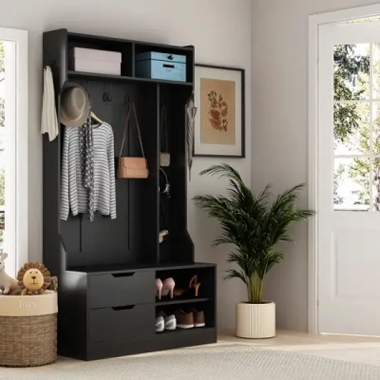 TIRAMISUBEST Hall Tree with 6 Hooks - Black Entryway Organizer with Storage image {1}