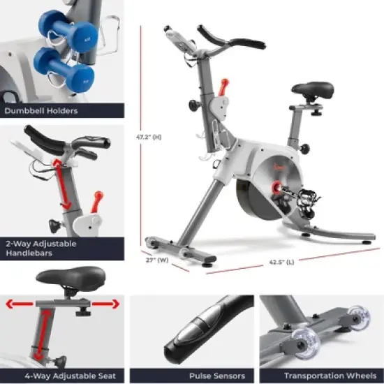 Sunny Health & Fitness Prime Magnetic Belt Drive Indoor Cycling Exercise Bike - Gray image {4}