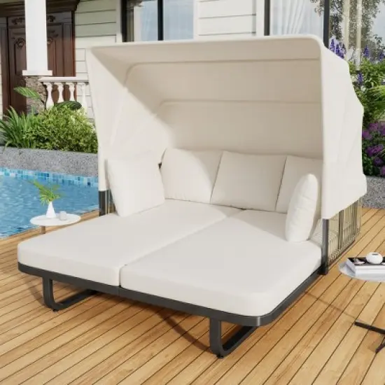 Whisen Outdoor Patio Daybed Rattan Daybed Outdoor Sunbed with Detachable Pillows image {17}