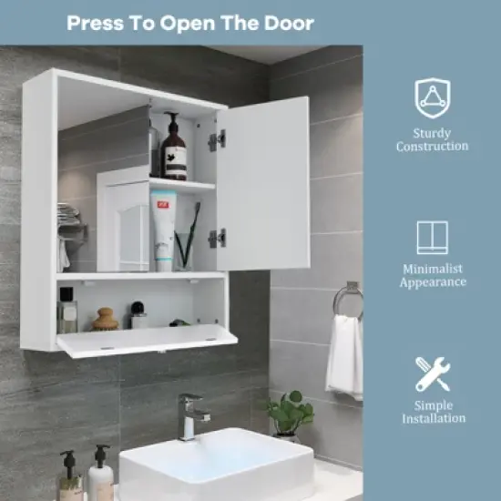 Costway Bathroom Cabinet Medicine Cabinet Double Mirror Door Wall Mount Storage Wood Shelf White image {6}