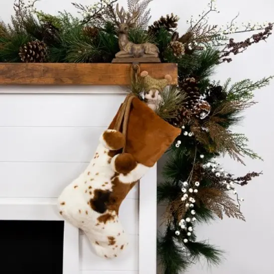 Northlight Plush Cowhide Inspired Christmas Stocking with Pom Poms - 20.5" - Brown image {1}