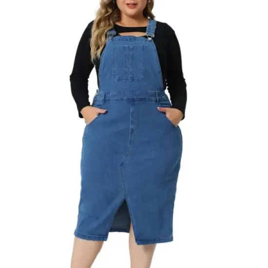 Agnes Orinda Women's Plus Size Overall Classic Adjustable Straps Above Knee Slit Hem Denim Dresses image {5}