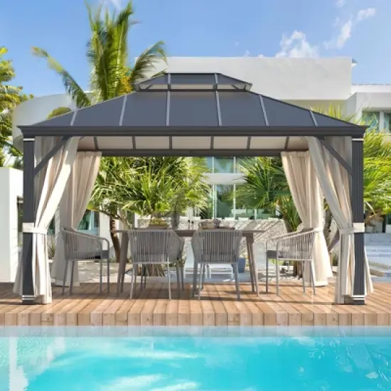 EROMMY 12'x14' Hardtop Gazebo Patio Furniture, Aluminum Frame Double Roof, Privacy Curtains and Premium Net for Patio Lawn and Garden image {2}