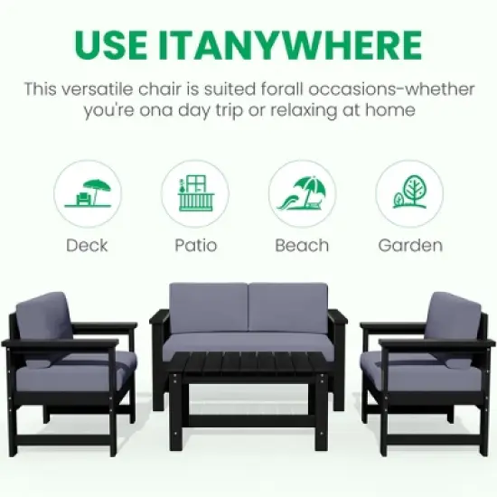 Hyleory HDPE 4-Piece Outdoor Sofa Set with Cushions, Conversation Set Including One Loveseat, Two Accent Chairs and a Coffee Table image {3}