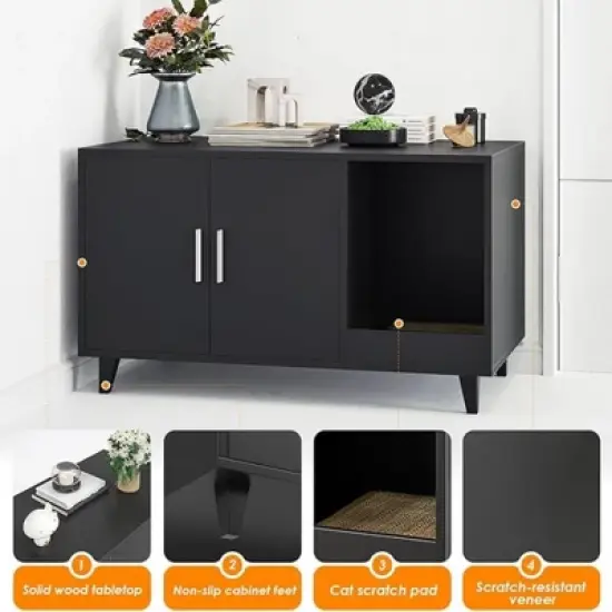FURNIinspire Pet Crates and Houses, Multi-Functional Cat Cabinet, Comfortable Cat Space with Entrances, for Home, Black, 33.5"*18.5"*19.9" image {4}