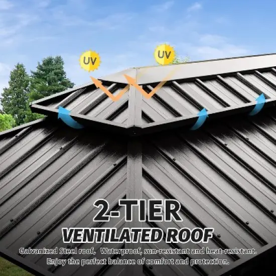 DOMETOUR 6x10FT Hardtop Grill Gazebo with Double Steel Roof, 2 Cabinets & Ceiling Hooks for Patio, Backyard, Lawn, Brown image {3}