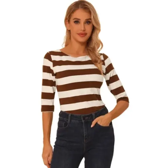 Allegra K Women's Elbow Sleeves Casual Basic Boat Neck Slim Fit T-Shirts image {23}