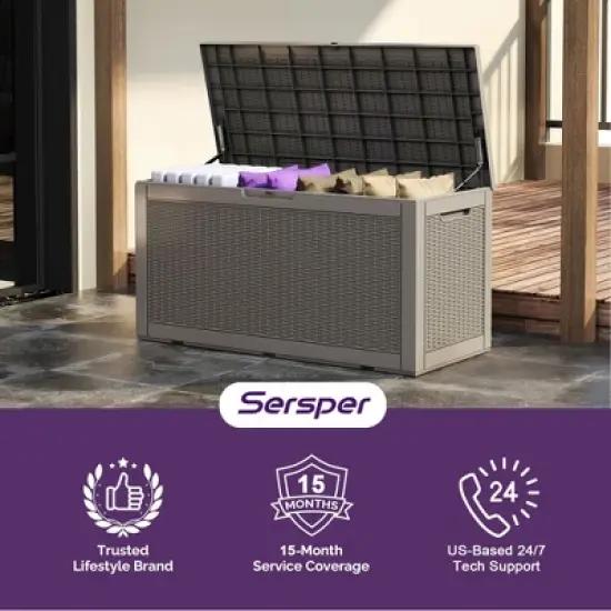 Sersper 100 Gallon Large Resin Deck Box Outdoor Storage Boxes for Garden Tools and Pool Supplies-Waterproof,Lockable,Brown image {5}