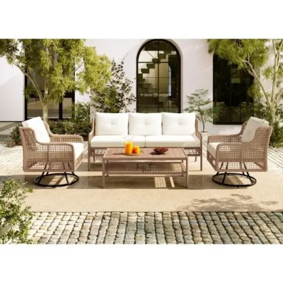 4 Piece Rattan Garden Furniture Sofa Sets,Wicker Outdoor Patio Conversation Set,Rattan Outdoor Sofa Couch with Cushions,Swivel Chairs-Coolbibila image {2}