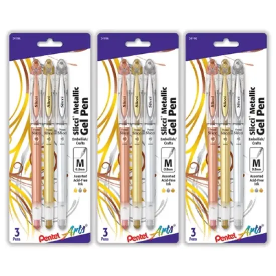 Pentel Arts Slicci Metallic Gel Pen, Med 0.8mm Needle Tip, Assorted Ink (E/X/Z), 3 Per Set, 3 Sets image {3}