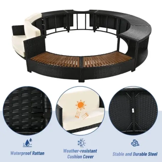 Circular Rattan Spa Surround Sofa Set with Cushions, Wooden Seats and Hidden Storage, 112 in Outdoor Patio Furniture for Hot Tub Area-Cuddlewood image {4}
