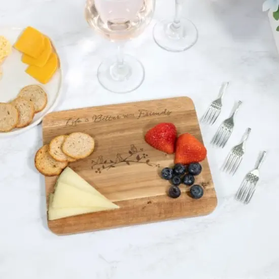 Pavilion Gift Company - Life Is Better With Friends - Birds 7 x 9 Inch Cutting Cheese Board, Set Of 4 Forks With Debossed Text image {1}