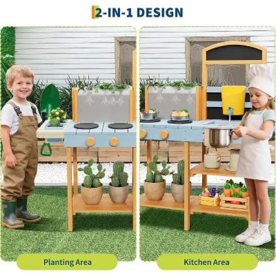 Mud Kitchen for Kids Outdoor - Cooking Set with Sink & Faucet, 7-Piece Stainless Steel Utensils, Chalkboard - Montessori Sensory Toys for Ages 3+ image {5}