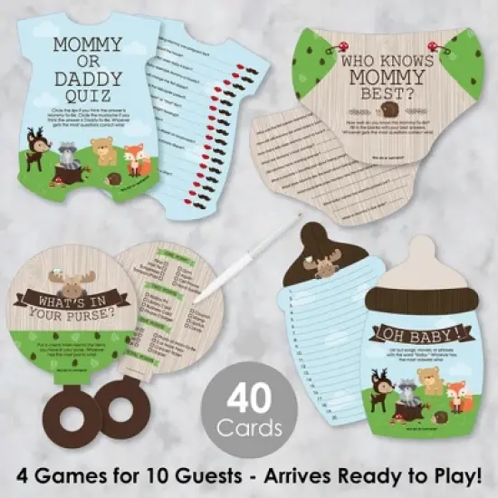Big Dot of Happiness Woodland Creatures - 4 Baby Shower Games - 10 Cards Each - Gamerific Bundle image {1}