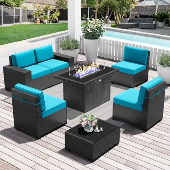 LayinSun 7 Pieces Outdoor Patio Furniture Set with 44" Fire Pit Table Rattan Sectional Sofa Conversation Sets image {9}
