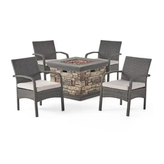 GDFStudio Kilburn Outdoor Wicker 5 Piece Club Chair and Fire Pit Set with Cushion image {10}
