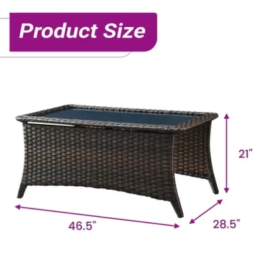 Belord Wicker Outdoor Coffee Table with Tempered Glass Top, 46.5" Wide Rattan Rectangular Coffee Table image {4}