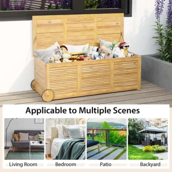 Costway 48 Gallon Acacia Wooden Patio Storage Deck Box Outdoor Storage Box with Wheels image {5}