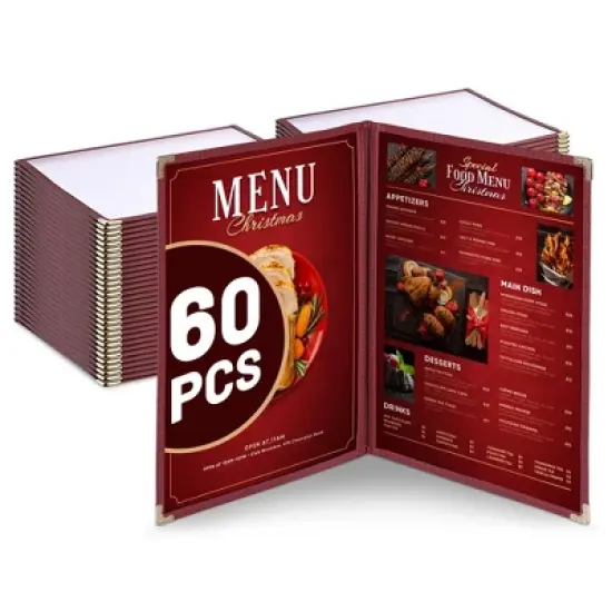 WeChef 60 Pack Restaurant Menu Covers Burgundy 8.5 x 11" Book Style 2 Pages 4 View Red image {6}