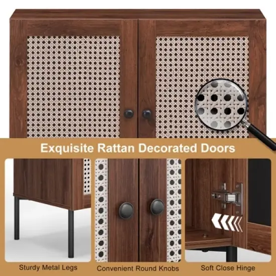 Costway Rattan Buffet Sideboard Wine Cabinet Cupboard with Adjustable Shelf Oak/Walnut image {8}