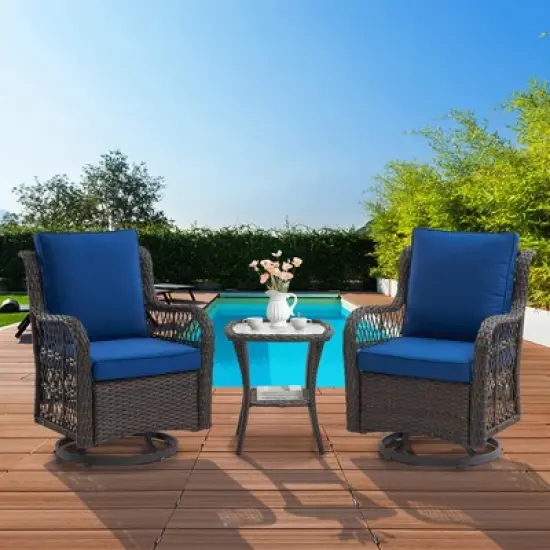 3 Pieces Patio Furniture Set,Outdoor Swivel Rocker Patio Chairs, Wicker Patio Bistro Set with Rocking Chair, Thickened Cushions and Coffee Table image {8}
