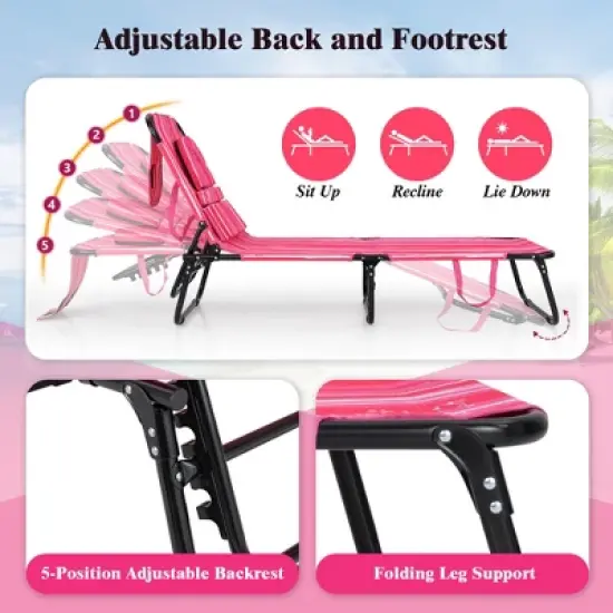 Tangkula Beach Chaise Lounge Chair w/ 5-Position Adjustable Backrest & Face Hole Pillows Pink image {3}