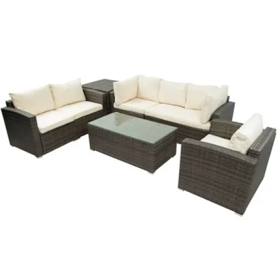 7pc Wicker Patio Seating Set with Cushions & Storage Box - Gray/Beige - GODEER image {3}