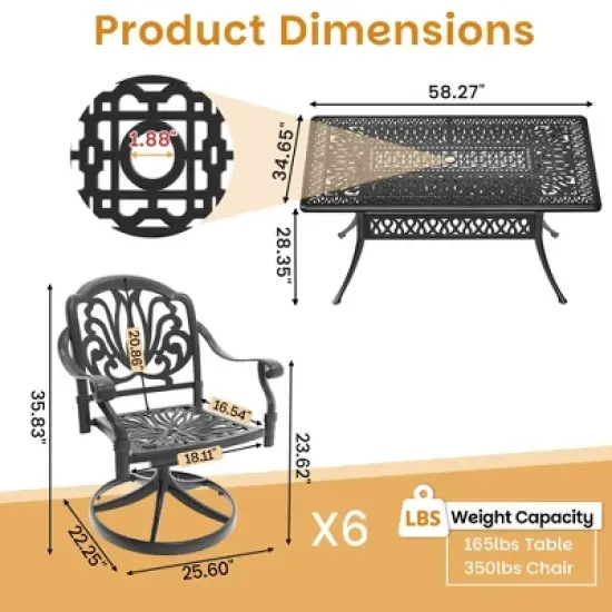 7-Piece Rectangle Cast Aluminum Outdoor Patio Dining Set with Swivel Chairs & Brown Cushions & Umbrella Hole image {5}