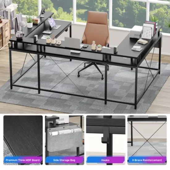 U Shaped Computer Gaming Desk, Reversible L Shaped Desk w/Monitor Stand, Large Corner Desk w/Storage Shelves for Home Office image {1}