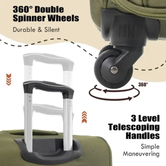 MAYEERTY 3 Piece Luggage Set Suitcase Upright Spinner Softshell Lightweight Luggage Travel Set Army Green image {2}