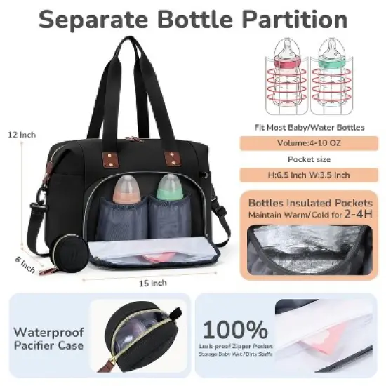 Itopfox Medium Black Diaper Tote Bag for Parents with Pacifier Case, 10 Pockets, Insulated Bottle Holders, Travel-Friendly image {4}