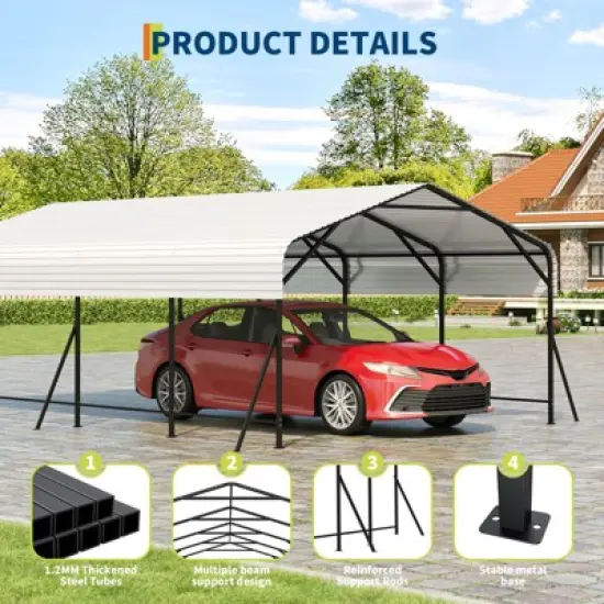 Metal Carport,  Metal Garage  with Base and  Reinforced Frame  for All Weather, Heavy Duty Carports  for Rucks, Tractors or Party image {4}