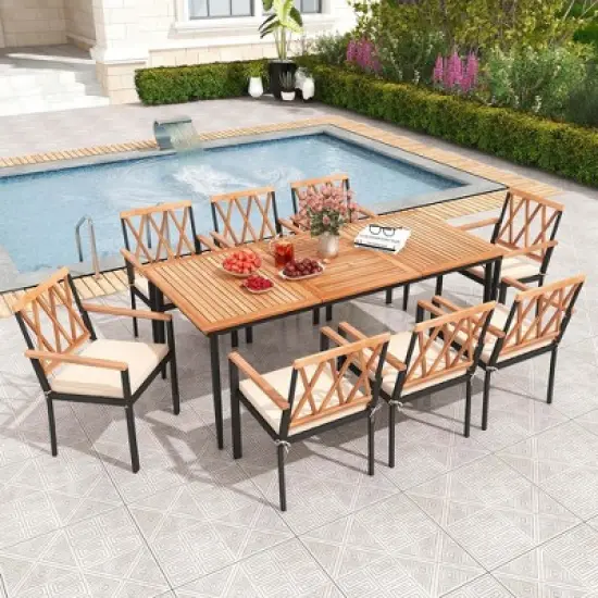 Costway 9 PCS Patio Dining Set Table with 1.9" Umbrella Hole & 8 Dining Chairs Outdoor image {7}