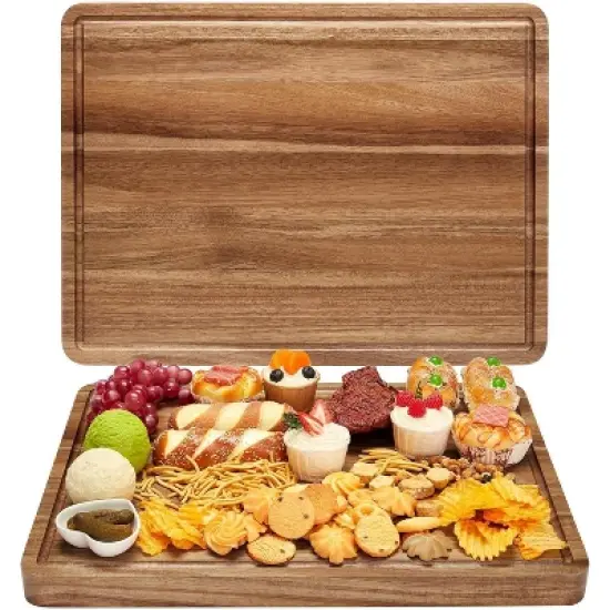 20x15 Inch Acacia and Bamboo Wood Cutting Board, Cheese and Charcuterie Board for Kitchen Use, Built-In Side Handles, Juice Grooves: image {8}
