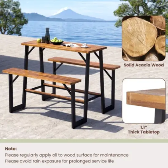 Tangkula Acacia Wood Picnic Table 4-Person Outdoor Table and Bench Set with 2 Built-in Benches Footrests Umbrella Hole Heavy-Duty Metal Frame image {5}