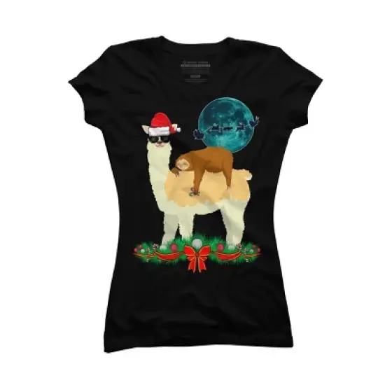 Junior's Design By Humans Llama With Glasses Sleeping Sloth Christmas Santa By TeeShirtMadness T-Shirt image {3}
