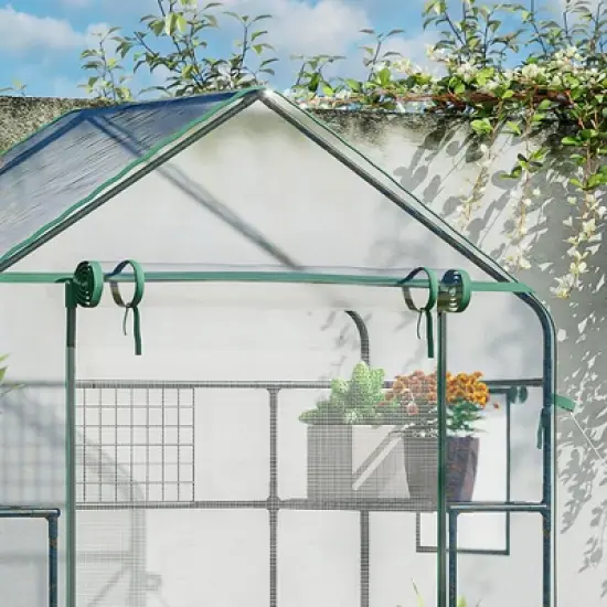 Outsunny Outdoor Walk-in Mini Greenhouse with Mesh Door & Windows, Small Portable Garden Hot House with 6 Shelves, Trellis, & Plant Labels image {4}