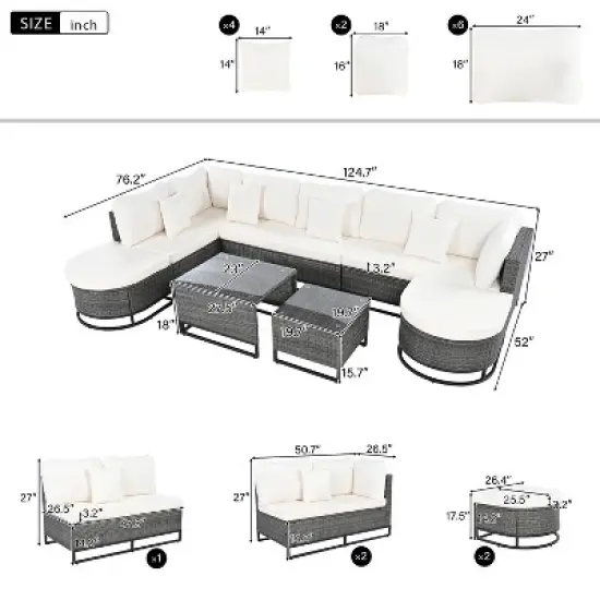 FIONECA 7-Piece Outdoor Wicker Sectional Sofa Set with 2 Coffee Tables, Free-Combination Patio Furniture with Cushions &uml;C Beige image {6}