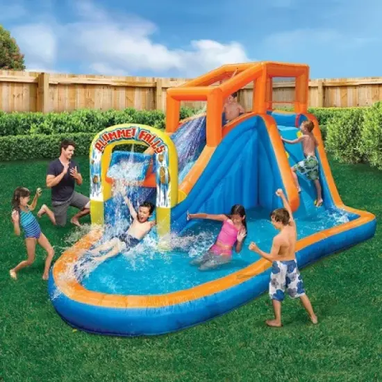 Banzai Plummet Falls Adventure Kids Inflatable Outdoor Water Park Splash Pool with Fill 'N Spill Bucket, Slides, and Climbing Wall image {1}