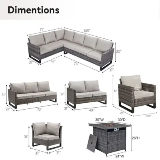 Buenhomino 6 Pieces Outdoor Patio Furniture Set with Propane Gas Fire Pit Table, Outdoor Sectional Sofa PE Rattan Wicker Patio Conversation Sets image {1}