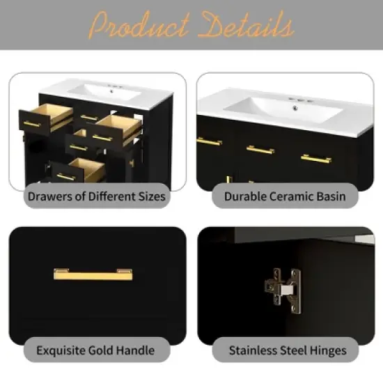 36" Modern Bathroom Vanity with Ceramic Sink, Freestanding Storage Cabinet with 4 Drawers & 2 Soft-Close Doors, Solid Wood Frame - ModernLuxe image {5}