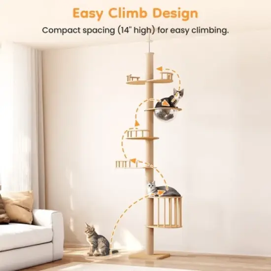Heynemo Floor to Ceiling Cat Tree Tower with Acrylic Capsule, Adjustable Height, Sisal Scratching Posts, Multi-Level Design, Space-Saving Vertical image {6}