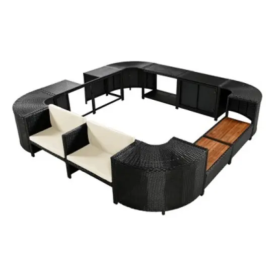 Outdoor Patio Rattan Spa Surround Frame Sofa Set with Storage Spaces and Wooden Bench image {9}
