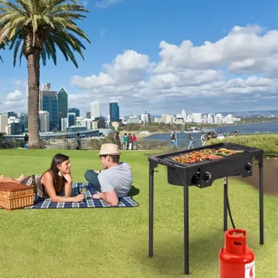 KTMBDW Outdoor Camp Stove High Pressure Propane Gas Cooker Portable Cast Iron Patio Cooking Burner (Double Burner 150000-BTU), Black image {9}