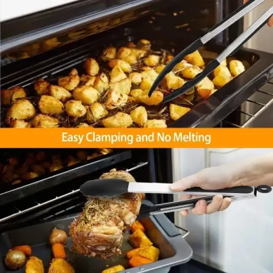 Racxily 3Pcs Kitchen Tongs Stainless Steel Locking Food Tongs with Silicon Tips BPA Free Non-Stick BBQ Cooking Grilling Locking Food Tongs image {1}