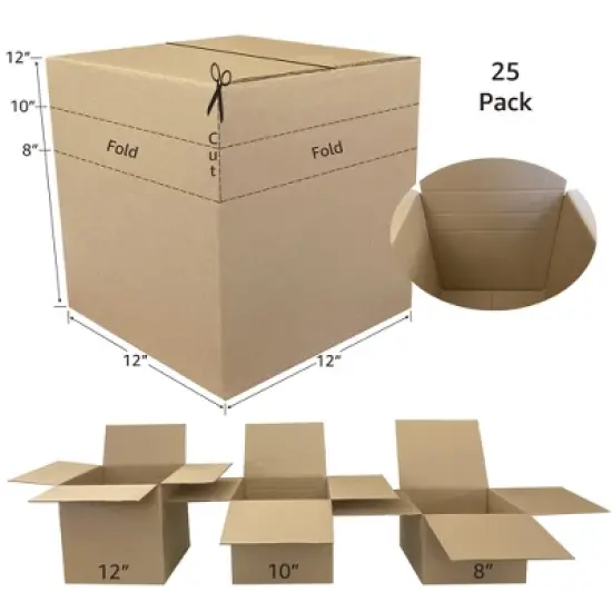 UOFFICE Pack of 25 Multi-Depth Corrugated Shipping Boxes 12" x 12" x 12" image {1}