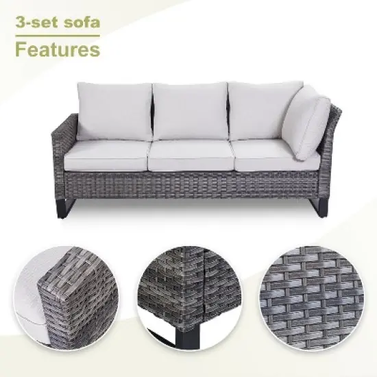 POCASSY All Weather Gray Wicker Outdoor Sectional Sofa with Fire Pit Table, 4PCS Patio Furniture Set with 41" Propane Firepit Table for Outside image {3}