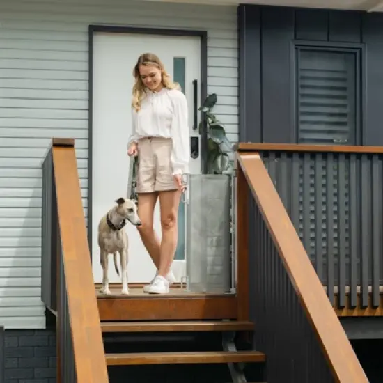 Perma Child Safety Outdoor Retractable Baby Gate 33" Tall, Extends to 71" Wide, Gray image {2}